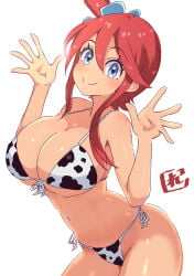 1girl absurdres animal_print bare_shoulders big_breasts bikini blue_eyes blush breasts cleavage commission commissioner_upload cow_print cow_print_bikini front-tie_bikini_top front-tie_top game_freak hair_ornament halterneck hands_up highres large_breasts leaning_forward long_hair looking_at_viewer navel nintendo non-web_source one_side_up parted_lips pixiv_commission pokemon pokemon_black_and_white pokemon_bw print_bikini red_hair reiwa_rerere short_hair_with_long_locks side-tie_bikini_bottom sidelocks skyla_(pokemon) smile solo swimsuit tan tan_body tan_skin tanned_female unfinished