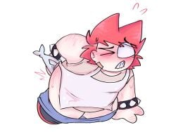 1boy biting_lip blushing bracelets fat_male fish kneeling looking_up male male_only object_in_ass object_insertion oc on_all_fours on_knees original original_character pants_down simple_coloring sitting_on_floor spiked_bracelet sweat white_background