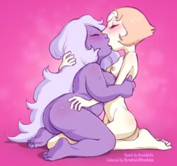 2girls amethyst_(steven_universe) barefoot blush bramblefix breast_press breasts closed_eyes couple duo feet female female_only full_body grey_hair hug kissing long_hair medium_breasts multiple_females multiple_girls mutual_yuri neck nipples nude orange_hair pale_skin passionate pearl_(steven_universe) pink_background purple_skin romantic seiza short_hair sitting small_breasts steven_universe very_long_hair yuri