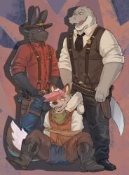 absurd_res accessory alligator alligatorid ammo_belt ammunition anthro arms_tied arms_tied_behind_back aroused aroused_by_another aroused_face aroused_male aroused_smile arrested balls balls_through_fly bandolier barazoku bedroom_eyes belt belt_grab biceps big_balls big_muscles big_pecs big_penis black_body black_boots black_bottomwear black_clothing black_footwear black_fur black_necktie black_pants black_pubes blue_bottomwear blue_clothing blue_jeans blue_pants blush blush_lines blushing_profusely boots bottomwear bound brown_belt brown_body brown_boots brown_chaps brown_clothing brown_footwear brown_fur brown_hat brown_headwear brown_suspenders brown_topwear brown_vest canid canine canis captured chaps clothed clothing cowboy cowboy_boots cowboy_hat cowboy_outfit coyote criminal crocodilian crotch_in_face denim denim_bottomwear denim_clothing deputy dominant dominant_anthro dominant_male domination/submission duo erection face_in_crotch fellatio_request flirting flirting_look footwear fugitive fur genitals gol1ath green_clothing green_kerchief grey_body grey_fur grey_scales grin grinning_at_another grinning_at_partner gun gun_holster gun_on_thigh hand_on_belt handgun hat headgear headwear hi_res holding_belt holding_object imminent_fellatio imminent_oral intimidation inviting inviting_to_oral inviting_to_sex jeans kerchief lagomorph larger_anthro larger_male lasso leporid looking_pleasured looming looming_over male male/male mammal manly muscular muscular_anthro muscular_arms muscular_male muscular_thighs narrowed_eyes necktie offering_oral offering_sex old_west open_bottomwear open_clothing open_pants oral_request outlaw pants pecs penis penis_in_face penis_on_face penis_on_shoulder penis_poking_out penis_through_fly pistol pistol_holster presenting presenting_balls presenting_body presenting_penis prisoner pubes rabbit ranged_weapon red_clothing red_penis red_shirt red_topwear reptile requesting restrained restrained_arms rolled_up_sleeves scales scalie secretly_loves_it seduced seductive sex_request shadow sheriff sheriff_badge shirt shoes sitting sitting_on_ground size_difference smaller_anthro smaller_male smile smirk smirking_at_another smirking_at_partner smirking_dom spread_legs spreading standing subdued submissive submissive_anthro submissive_male suspenders tail teasing teasing_partner teasing_with_penis thick_arms thick_thighs topwear tough_guy vest weapon weapon_holster weapon_on_hip white_body white_clothing white_fur white_scales white_shirt white_topwear wild_west
