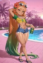 1girl absurdly_long_hair adjusting_eyewear ai_generated alternate_eye_color alternate_hair_color alternative_costume anklet arm_behind_head arm_up armlet big_ass bikini_tan bikini_tanlines blue_sandals bracelets brazil brazilian brazilian_female brazilian_flag brazilian_flag_print brazilian_miku_(cosplay) cleavage covered_nipples cropped_shirt crossed_legs cute_girl denim_shorts detailed_eyes detailed_skin earrings eyewear_on_head female_focus flip-flops flower forehead full_body gold_earrings gradient_hair grand_theft_auto_vi green_eyes green_hair green_nails green_sleeves gta_vi_cover_girl hair_flower hair_ornament hand_in_own_hair heterochromia hibiscus highleg highres holding holding_can holding_cup hoop_earrings league_of_legends long_hair looking_at_viewer meme microbikini microskirt midriff multicolored_hair nail_polish navel necklace nipples orange_hair outdoors palm_tree parted_lips pearl_anklet pearl_belt pearl_bracelet pearl_necklace petite petite_female pink_theme pool red_flower riot_games road sandals seductive_smile self_upload sexy short_eyebrows short_shorts short_sleeves small_breasts smile solo standing straight_hair sunglasses sunset swimsuit swimsuit_under_clothes tan-skinned_female tan_body tan_skin tanline tanlines tanned_skin thick_eyebrows thick_thighs thighs thong_straps tree very_long_hair yellow_eyes yellow_nails yellow_shirt zipper_down zipper_shorts zoe_(league_of_legends)
