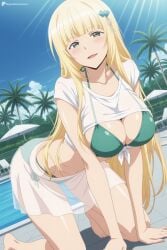 1girl ai_generated all_fours barefoot bikini blonde_hair blue_sky blunt_bangs blush breasts christiana_leta_rosebreia cleavage collarbone day digitalwaifugallery green_bikini green_eyes hair_ornament hi_res high_quality high_resolution large_breasts long_hair looking_at_viewer open_mouth outdoors palm_tree patreon pool poolside sarong seductive see-through see-through_shirt sexy shirt shirt_lift short_sleeves side-tie_bikini_bottom sky smile solo swimsuit tied_shirt tree umbrella uncensored water watermark white_shirt
