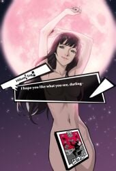 1girls 2026 2d absurd_res atlus biisutaa black_hair censored censored_breasts censored_pussy green_eyes hifumi_togo highres moon moonlight nude nude_female persona persona_5 pinup sega smile smile_at_viewer smiling_at_viewer stars tagme text text_box