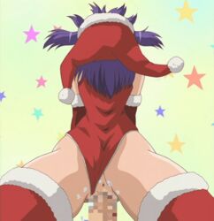 1boy animated anus blush censored christmas female from_behind fujino_shion hat hatsu_inu mosaic_censoring penis purple_hair red_legwear santa_costume santa_hat sex short_hair star stitched straight tagme third-party_edit vaginal_penetration