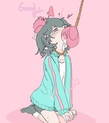 1boy 1girl aqua_jacket artist_request black_hair black_shoes black_shorts blush collarbone cum cum_in_mouth english_text hair_bow hand_on_another's_head heart hetero iyowa_girls jacket kurari-chan_(iyowa) kyu-kurarin_(cevio) mv_character noose penis pink_background pink_bow pink_eyes pink_flower pink_trim rope rope_around_neck short_hair sitting suicide testicles text track_jacket veiny_penis wariza white_shirt white_socks
