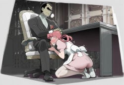 1boy 1girls ai_generated blue_eyes blush chair clothed cum cum_in_mouth fellatio forced forced_oral giovanni_(pokemon) gxg head_grab kneeling nurse nurse_joy pink_hair pokemon pokemon_(anime) pokemon_rgby team_rocket wide_eyed