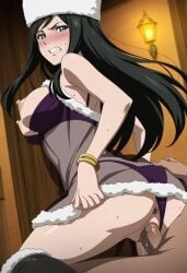 black_hair blue_eyes bra fur_hat hat long_hair pale-skinned_female pale_skin panties panties_aside sex sex_from_behind tatakau_shisho the_book_of_bantorra transparent_clothing yuri_(tatakau_shisho)