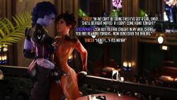 2girls 3d big_breasts blizzard_entertainment breasts cameltoe dialogue dinoboy555 female lesbian nipple_bulge nipples_visible_through_clothing overwatch text tracer translucent_clothing widowmaker