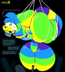 absurd_res ambiguous_gender animate_inanimate anthro arms_tied ballbusting balls baseball_bat bat_(object) bdsm big_balls big_butt big_penis black_background black_nose blue_hair blush bodily_fluids bondage bound boundage butt canid canine canis cock_and_ball_torture digital_media_(artwork) disproportionate_genitalia domestic_dog english_text femboy fur genital_torture genitals group hair hi_res huge_balls huge_butt humanoid_genitalia humanoid_penis hung_bottom hyper hyper_balls hyper_genitalia imminent_ballbusting imminent_castration imminent_pain imminent_torture imminent_urethral_penetration legs_tied living_pinata looking_at_viewer male male/ambiguous mammal massive_balls multicolored_balls multicolored_body multicolored_fur multicolored_hair multicolored_penis nail_(weapon) needle_and_thread nervous nude open_mouth penis pinata questionable_consent restraints simple_background smile sounding_rod submissive sundaebunnyx sweat sweatdrop text thick_thighs tongue wide_hips