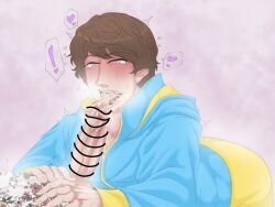 1boy blush blush_lines blushing brown_hair brown_hair_male censored censored_penis color cum cum_drip cum_in_mouth cum_on_tongue curly_hair disaste1960713 drool drool_on_penis drool_on_tongue erect_penis erection exclamation_point flower flower_print gay gay_oral gay_sex hands_on_crotch heart heart_symbol hearts hearts_around_head hi_res hoodie kamen_rider kamen_rider_gavv_(series) licking licking_penis male male/male male_focus male_only open_smile oral oral_sex orgasm penis penis_out remake saliva saliva_on_penis saliva_on_tongue shoma_(kamen_rider_gavv) smile speech_bubble sweat sweatdrop sweating tongue tongue_out tremble_spikes trembling unseen_male_face veiny veiny_penis yaoi