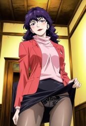1girls ai_generated buzzer_beater female female_only jacket liz_murdoch pale-skinned_female pale_skin panties pantyhose pink_shirt purple_hair red_jacket red_lipstick seductive skirt skirt_up thick_thighs thighs wavy_hair