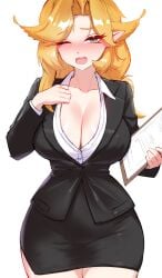 1girls ahoge blonde_hair business_attire business_suit business_woman cgator cleavage clipboard dokibird flushed green_eyes head_wings indie_virtual_youtuber large_breasts looking_at_viewer one_eye_closed pointy_ears sweating vtuber