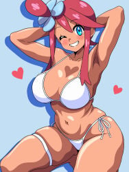 1girl 1girls :d ;d armpits arms_behind_head big_breasts bikini bilingual_commentary blue_background blue_eyes blush breasts cleavage clothing collarbone commentary cowboy_shot female game_freak grin hair_between_eyes hair_ornament heart highres inaba_(tensai21) kneeling large_breasts long_hair looking_at_viewer mixed-language_commentary navel nintendo one_eye_closed one_side_up pokemon pokemon_black_and_white pokemon_bw red_hair short_hair_with_long_locks side-tie_bikini_bottom sidelocks simple_background skyla_(pokemon) smile solo spread_legs swept_bangs swimsuit tan tan_body tan_skin tanned_female teeth thick_thighs thigh_strap thighs upper_teeth_only white_bikini