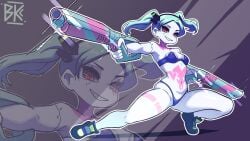 1girls blue_body blue_hair blue_skin cybernetics cyberpunk:_edgerunners cyberpunk_(series) female female_focus female_only gun guns rebecca_(edgerunners) red_sclera small_breasts tagme thick_thighs thigh_tattoo thighs thong