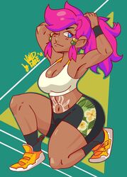 armpits arms_above_head big_ass big_breasts bike_shorts busty clothed clothing curvy dark-skinned_female dark_skin deep_armpits fit gacela muscular muscular_female pink_hair pinup polynesian shorts tank_top vivid_daze voluptuous