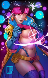 asian asian_female belt big_breasts black_hair breasts brown_eyes convenient_censoring earrings fishnet_stockings gloves jacket jubilation_lee jubilee looking_at_viewer marvel nude panties pouch shirt shirt_lift stockings sunglasses sunglasses_on_head thighhighs x-men