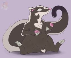 animal_genitalia areola badger balls big_breasts bodily_fluids breast_squeeze breasts brown_body brown_fur buizel busty_boy_(lore) busty_feral claws english_text feral fur fur_markings generation_4_pokemon genitals gynomorph heart_(marking) holding_breast hybrid intersex lactating long_tail looking_down mammal markings mephitid mustelid musteline navel nintendo nipples pinnip_(pinnipip) pinnipip pokemon pokemon_(species) sheath sitting skunk snaggle_tooth solo spread_legs spreading squeezing sweat tail text white_body white_fur