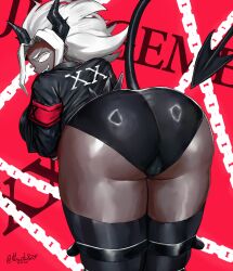 1girls ass ass_focus back_view bending_over big_ass grey_body helltaker horn horns judgement_(helltaker) khester824 looking_at_viewer pussy_bulge solo solo_female text thick_thighs thighs watermark white_eyes white_hair