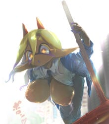 1girls alternate_costume breasts breasts_out cleavage cosplay female frye_(splatoon) hammer hideyoshi_(swliyhbpe9xqqze) inkling inkling_girl large_breasts leaning_forward looking_at_viewer nintendo nipples open_mouth ponytail power_(chainsaw_man)_(cosplay) splatoon splatoon_(series) splatoon_3 tentacle_hair thighs two-tone_hair