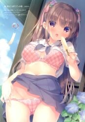 1girl bra breasts brown_hair cameltoe convenient_censoring hair_ribbon highres long_hair open_shirt panties panties_down popsicle sailor_uniform school_uniform seifuku skirt_lift thighhighs tied_hair twintails yukie