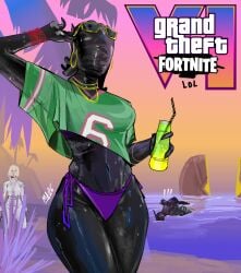beach beach_background bikini bikini_bottom bikini_only bikini_top black_skin bracelet cameo cameo_(fortnite) chaos_director_(fortnite) collar crossover cybertronian dark_skin erotic female female_body feminine_body fortnite fortnite:_battle_royale fortnite:_chapter_2_remix fortnite_skin fortnitemares glasses gold_jewelry grand_theft_auto_online grand_theft_auto_vi green_clothing gta_vi_cover_girl hip_dips hip_focus hips optimus_prime purple_bikini purple_bra purple_thong sexual shirt swimsuit swimwear synthetic thia thicc thicc_ass thicc_thighs thong transformers_rise_of_the_beasts transparent_clothing videogame wet_skin wide_ass wide_hips wide_thighs