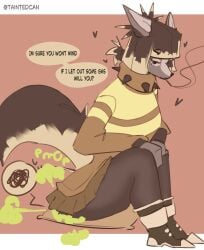 2026 absurd_res anthro artist_name bottomwear canid canine cigarette clothed clothed_anthro clothed_female clothing collar digital_drawing_(artwork) digital_media_(artwork) english_text fart fart_cloud fart_fetish female footwear fully_clothed fully_clothed_anthro fully_clothed_female fur green_fart_cloud hair heart_symbol hi_res mammal onomatopoeia pointy_ears prick_ears shoes simple_background sitting sitting_on_pillow skirt smoke smoking smoking_cigarette solo sound_effects speech_bubble spiked_collar spikes tail taintedcan talking_to_viewer text