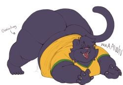ambiguous_gender anthro ass_up belly big_butt black_body black_fur bottomless bottomless_ambiguous brazil_national_football_team brazilian butt chubby_cheeks claw_pose clothed clothing eyes_closed felid flexible full-length_portrait fur hair hi_res huge_butt jaguar male_(lore) mammal mightyoceano moobs open_mouth ovulating pantherine porphy_(mightyoceano) portrait simple_background soccer_jersey soccer_uniform solo sportswear stretching tail thick_thighs tiptoes trans_(lore) trans_man_(lore) uniform white_background yawn
