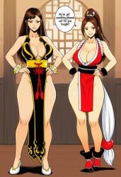 2girls ai_generated alternate_color alternate_hairstyle arm_guards bare_hips bare_legs bare_shoulders black_dress bracelet braid breasts brown_eyes brown_hair china_dress chinese_clothes chun-li cleavage clothing cosplay costume_switch crossover dress english_text fatal_fury female full_body hands_on_own_hips high_ponytail japanese_clothes jewelry king_of_fighters large_breasts lips lipstick long_hair looking_at_viewer mai_shiranui makeup multiple_girls ninja no_bra no_panties official_alternate_costume pelvic_curtain plunging_neckline ponytail revealing_clothes rope sash sleeveless smile speech_bubble spiked_bracelet spikes standing street_fighter thighs twin_braids white_footwear