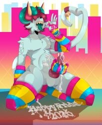 absurd_res anthro arm_warmers armwear bodily_fluids bubblepop2001 clothing cum demon excessive_cum excessive_genital_fluids genital_fluids hi_res humanoid leg_warmers legwear lgbt_pride male male/male masturbation pansexual_pride_colors pride_colors solo
