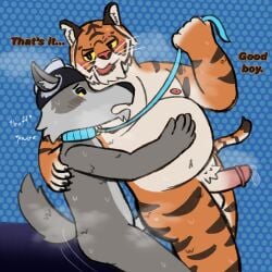 1:1 anal anal_penetration anonymous_artist anthro belly belly_grab blush blush_lines bodily_fluids breath canid canine canis collar dialogue dominant duo english_text epic_games erection felid fortnite genital_fluids genitals glans good_boy grey_body hi_res larger_dom larger_penetrated leash leashed_collar male male/male mammal musky_penis nude onomatopoeia orange_body oscar_(fortnite) overweight overweight_male pantherine panting penetration penis power_bottom precum size_difference sound_effects striped_body stripes sweat sweaty_legs tail text tiger wendell_(fortnite) whiskers wolf yellow_sclera