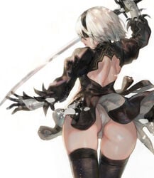 aoin ass blindfold dress female female_only gloves nier nier:_automata panties short_hair solo sword thighhighs weapon white_hair yorha_2b