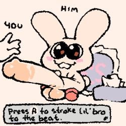 1:1 2026 2d_animation :3 ambiguous_gender animated animated_gif anthro archived_source balls beady_eyes big_penis black_text blush buckteeth chibi closed_smile dialogue_box digital_drawing_(artwork) digital_media_(artwork) disembodied_hand duo erection featureless_hands gameplay_mechanics genitals glans glistening glistening_eyes handwritten_text huge_penis humanoid_genitalia humanoid_penis hyper hyper_genitalia hyper_penis lagomorph leaning leaning_backward leporid ligma_(artist) male male_anthro male_focus mammal meme mouth_closed nintendo parody penis pillow rabbit rhythm_heaven semi-anthro short_playtime smile solo_focus squigglevision tan_body teeth text tissue_box white_sclera wigglypaint_(artwork) yes-no_pillow yes_pillow