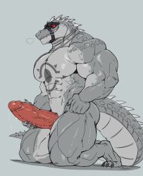 abs alzeaker anthro biceps big_muscles big_penis crocodile crocodilian daylon_(dislyte) deltoids dislyte erection forearm_muscles genitals glans hi_res huge_penis kneeling lilith_games male muscular muscular_anthro muscular_male muscular_thighs pecs penis red_eyes reptile scalie signature simple_background solo tail teeth thick_tail triceps vein veiny_penis