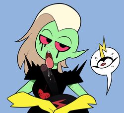 1boy 1girls 2019 alien black_skin breasts commander_peepers disney eyes female green_skin licking looking_at_viewer lord_dominator miscon no_humans oral penis red_eyes simple_background tagme tongue tongue_out wander_over_yonder