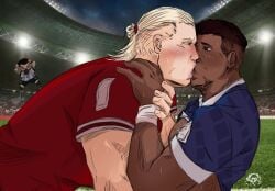 2boys 3boys angry anonymous_artist background bara blonde_hair blue_skirt blush blush_lines dark_skin football from_side gay holding_hands interracial kiss kissing kylian_mbappe lionel_messi lips looking_at_viewer lying male_focus male_only multiple_boys muscular norway passionate passionate_kiss real_person short_hair soccer soccer_uniform sportswear stadium stadium_background stadium_lighting sweatdrop sweating t-shirt tongue_kiss upper_body world_cup yaoi