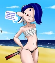 1girls beach bikini_bottom blue_hair cargo_ship chest_wraps earrings fan fangs flat_chest hand_fan helicopter imminent_sex impending_sex inkling inkling_girl no_boobs pale-skinned_female propositioning red_eyes red_lipstick sandwich-anomaly sarashi sex_invitation shiver_(splatoon) skinny_female splatoon_(series) splatoon_3 tentacle_hair