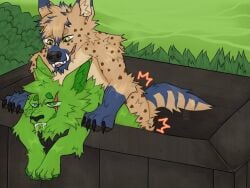 4:3 anthro backshots bent_over bodily_fluids domestic_cat drooling duo felid feline felis greencat hyena loki lokithecat male male/male mammal nature public razel(the_hyena) razeltheyeen saliva size_difference spotted_hyena standing_hyena that1opossum