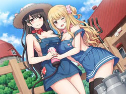 2girls black_hair blonde_hair blush breasts building cleavage cum hat hug long_hair multiple_girls nakamura_sumikage no_bra original phone ponytail red_eyes sideboob thighhighs tree wink