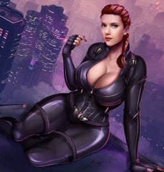 1girls avengers avengers:_endgame big_breasts black_bodysuit black_widow_(marvel) bodysuit braid braids breasts celebrity cleavage clothed female female_only fingerless_gloves flowerxl gloves huge_ass huge_breasts human human_only large_breasts light-skinned_female light_skin long_hair looking_at_viewer marvel marvel_cinematic_universe natasha_romanoff pinup ponytail real_person realistic red_hair scarlett_johansson sitting skin_tight solo thick_thighs tight_clothing wide_hips