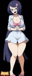1girls artist_logo artist_name big_breasts blue_eyes edit edited_official_artwork eyewear female_only fennel_(pokemon) flower glasses hair_ornament hands_together labcoat looking_at_viewer massive_breasts official_art pokemon pokemon_bw projectwetroid purple_hair scientist smile thick_thighs