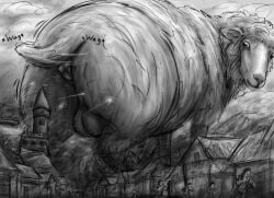 absurd_res ambiguous_gender ambiguous_human animal_genitalia anus backsack balls big_butt bovid building butt cannonball cannons caprine castle cloud debris destruction earthquake explosion extreme_size_difference feral feral_focus first_person_view fluffy fortress fur genitals group happy hi_res hill house human larger_feral larger_male looking_back looming macro macro_feral macro_focus macro_male male male_feral male_focus mammal medieval monochrome mountain mountain_range outside panicking puckered_anus rumbling running shaking sheep shooting shooting_at_macro size_difference sketchy sky skyscape smaller_ambiguous smaller_human smoke stampede tail tail_motion tailwag thick_thighs tower village wall_(structure) wool_(fur) yubirb