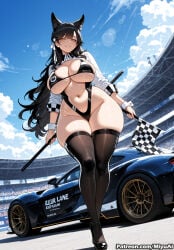1girl ai_assisted ai_generated alternate_costume animal_ears atago_(azur_lane) azur_lane bangs bikini black_bikini black_hair black_legwear blue_sky blush breasts brown_eyes car checkered cleavage cloud copyright_name cropped_jacket curvaceous curvy curvy_female curvy_figure extra_ears eyebrows_visible_through_hair female flag full_body ground_vehicle hair_ribbon high_heels highleg highleg_bikini holding large_breasts logo long_hair looking_at_viewer miyuai mole mole_under_eye motor_vehicle navel race_queen ribbon shrug_(clothing) skindentation sky smile solo standing swept_bangs swimsuit takao_(azur_lane) thick thick_ass thick_butt thick_hips thick_legs thick_thighs thighhighs thighs tire two-tone_bikini voluptuous voluptuous_female white_ribbon wide_hips wide_thighs wrist_cuffs