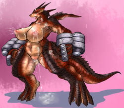 4_fingers 4_toes anthro armor biceps big_breasts blue_eyes breasts brown_scales claws clothed clothing cum cum_drip cum_in_pussy cum_inside dragon dripping erect_nipples female full-length_portrait gauntlets gloves gradient_background half-closed_eyes hi_res ketsuneko lactating looking_pleasured multicolored_scales muscular muscular_female nipples nude open_mouth pink_background pink_pussy portrait pose pussy red_scales red_tongue scales scalie shadow simple_background tan_scales thick_thighs toes tongue tongue_out white_clothing wide_hips