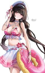 1girls beach black_hair chisa_(wuthering_waves) female long_hair medium_breasts official_alternate_costume pink_swimsuit red_eyes see-through_clothing see-through_swimsuit swimsuit wuthering_waves