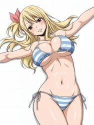 blonde_hair brown_hair edited fairy_tail groin hair_bow half-closed_eyes large_breasts light_blush long_hair lucy_heartfilia lying lying_on_back navel official_art one_side_up smile string_bikini striped_bikini underboob upscaled white_background