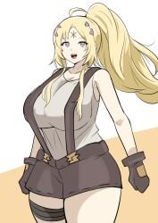 :d accessory bandage blonde_hair boobs braces clothing curvy dogmatika_ecclesia_the_virtuous ecclesia_(yu-gi-oh!) female fringe gloves grey_eyes hi_res huge_breasts incredible_ecclesia_the_virtuous konami large_breasts light_skin long_hair looking_at_viewer mature_body open_mouth palaeblue pants ponytail pose safe short_pants shorts smile standing teenage_girl teenager thick_thighs thighs voluptuous yu-gi-oh!