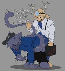 animal_hospital anthro bodily_fluids cervine cum deer digital_media_(artwork) domestic_cat duo english_text felid feline felis fur genital_fluids hair hi_res koala_katt male male/male male_penetrated male_penetrating male_penetrating_male mammal penetration roblox sex simple_background tail teeth text