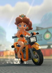 armpits bare_legs barefoot bikini bikini_bottom bikini_bra bikini_top blue_eyes bra breasts brown_hair cheeky driving earring earrings energetic feet flipped_hair flower_earrings flower_ornament knees legs mario_(series) mario_kart mario_kart_world mod motorcycle nintendo on_model orange_bikini_bottom orange_bikini_top orange_bra plump ponytail princess princess_daisy race round_face sassy screenshot_edit sexy_body smile toes tomboy young young_female