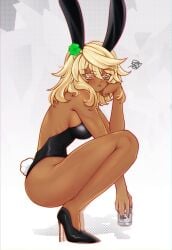 1girls amber_eyes annoyed ass blonde_female blonde_hair blush breasts bunny_ears bunnysuit dark-skinned_female dark_skin female female_focus female_only guilty_gear hair_ornament ramlethal_valentine sideboob sitraell tagme thick_thighs thighs white_background