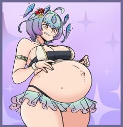 1girls ahoge big_belly big_breasts bikini bloated_belly blush breasts clothed clothing colored colored_sketch embarrassed female female_only fire_emblem fire_emblem_heroes flustered goddess hyper_belly navel nintendo outie_navel pregnant seidr_(fire_emblem) swimsuit thick_thighs tsukiji wickedatlas yellow_eyes
